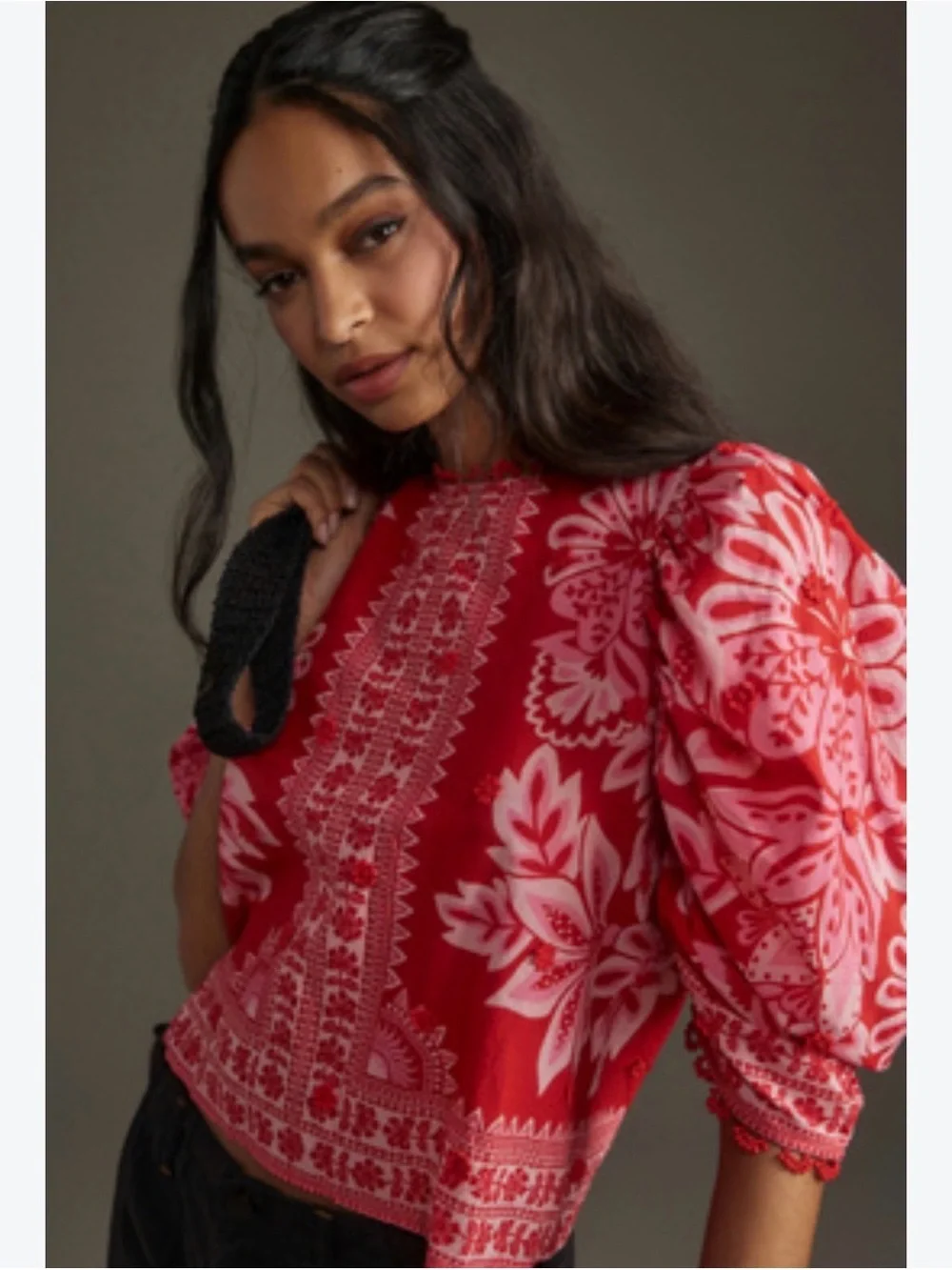 Farm Rio Red Floral Puff-Sleeve Blouse, Sz L